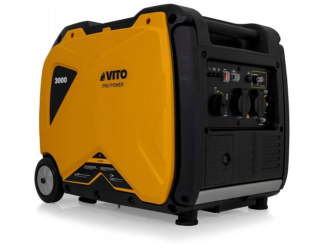 VITO Inverter Benzin Stromerzeuger 3500W max. E-Start + Seilzug | 5,8 PS | 2x 230V Steckdosen, 1x 12V | 66dB | 3200w sauberem Strom | Handgriff + Räder